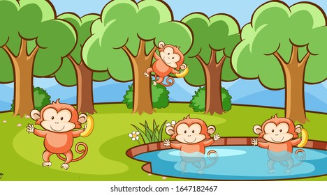 Scene with cute monkeys in forest illustration