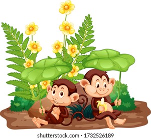 Scene with cute monkeys in the garden illustration