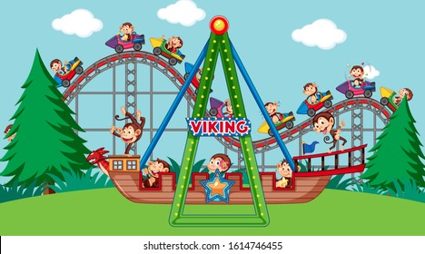 Scene with cute monkeys riding on viking ship and roller coaster illustration