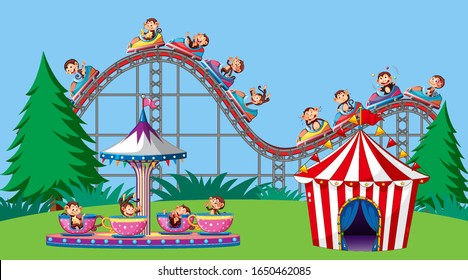 Scene with cute monkeys riding on roller coaster and spinning cup illustration