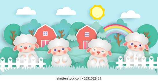 Scene with cute sheeps in a farm  paper cut style.