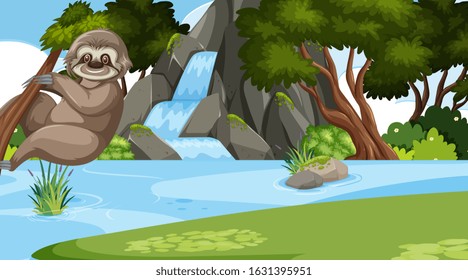 Scene with cute sloth on the tree by the waterfall illustration