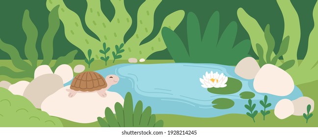 Scene with cute turtle sitting on stone near pond with water lily. Panoramic view of rainforest with smiling tortoise on rock in summer. Colored flat vector illustration