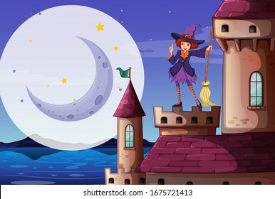 Scene with cute witch with broom standing on the castle tower illustration
