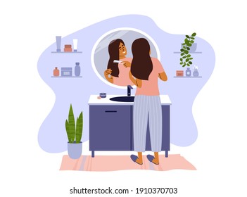 Scene of daily morning or evening routine. Female standing in bathroom combing hair looking at reflection mirror. Young woman making hairstyle by comb. Beauty, self care. Lifestyle vector illustration