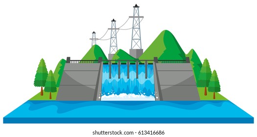Scene with dam and electric towers in 3D design illustration