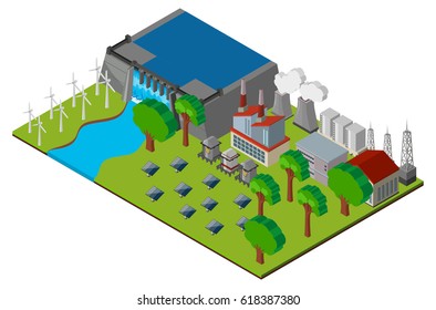 Scene with dam and power station illustration