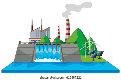 Scene with dam and river illustration