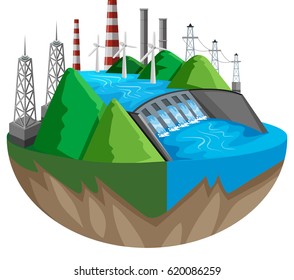 Scene with dam and river illustration