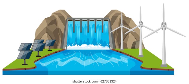 Scene with dam and river illustration