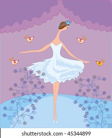 Scene with dancing ballerina and birds