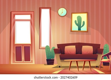 Scene of decorated in living room with sofa and chair, clock with picture frame on the wall, vector illustration