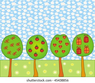 Scene with decorative trees in the field