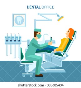 Scene in dental office of patient in dentist chair and doctor at work flat poster vector illustration