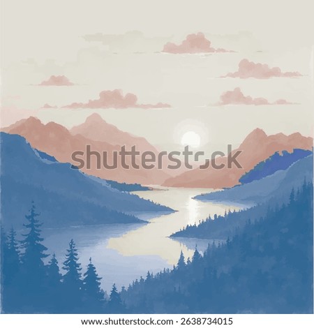 The scene is depicted with soft, muted colors, creating a peaceful and tranquil atmosphere. The mountains are reflected in the water, enhancing the sense of stillness. 