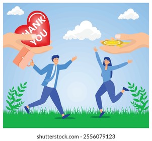 Scene depicting a joyful man and woman receiving gratitude symbols. The image illustrates appreciation and success with a heart and star medals against. Flat vector modern illustration 