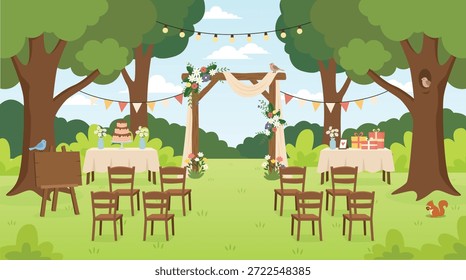 scene depicting the preparations for a wedding in a lush, natural garden. flat illustration design