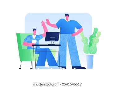 A scene depicting two men in an office setting. Vector illustration