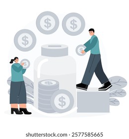 A scene depicting two people holding large coins and a coin holder, symbolizing financial savings and planning.vector flat illustration.