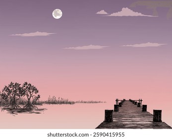 The scene depicts a tranquil landscape featuring a wooden pier extending into calm water, with sparse vegetation and a pastel-colored sky suggesting either dawn or dusk. 