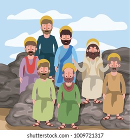 scene in desert with group of apostles next to the rocks in colorful silhouette