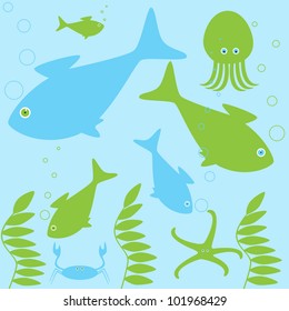 Scene from different sea inhabitants life