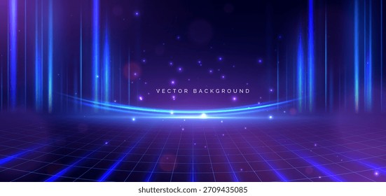 Scene digital technology light blue with sparkle on dark blue background. Cyber futuristic data network concept. Vector illustration 