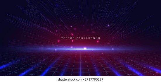 Escena de tecnología digital de iluminación azul y rojo con rejilla sobre fondo azul oscuro. Concepto de red de datos futurista cibernético. Ilustración vectorial