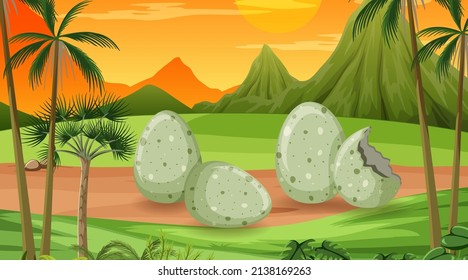 Scene with dinosaur eggs in the field illustration