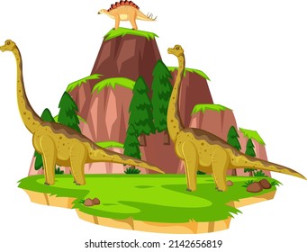 Scene with dinosaurs brachiosaurus on island illustration