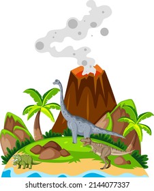 Scene with dinosaurs brachiosaurus on island illustration