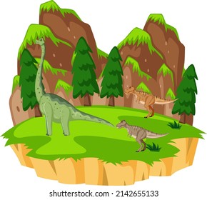 Scene with dinosaurs brachiosaurus and t-rex on island  illustration