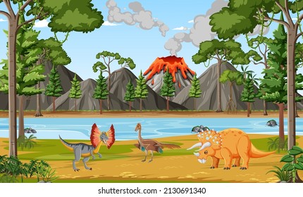 Scene with dinosaurs by the river illustration