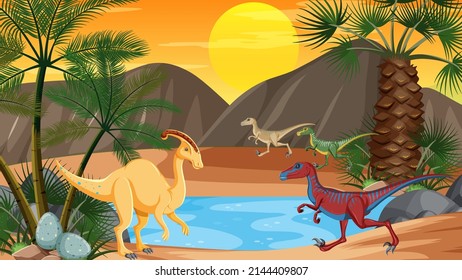 Szene mit Dinosauriern an der Flussgrafik