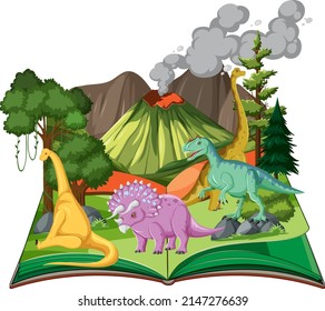 Scene with dinosaurs by the volcano illustration