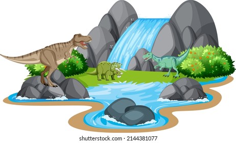 Scene with dinosaurs by waterfall illustration