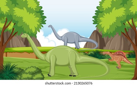 Scene with dinosaurs in forest illustration