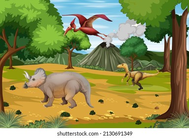 Scene with dinosaurs in the forest illustration