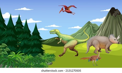 Scene with dinosaurs in forest illustration