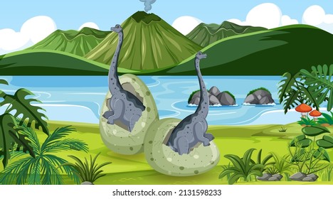 Scene with dinosaurs in the forest illustration