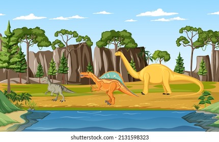 Scene with dinosaurs in the forest illustration