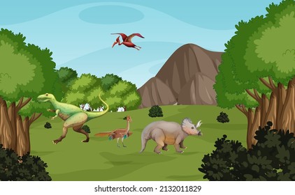 Scene with dinosaurs in the forest illustration