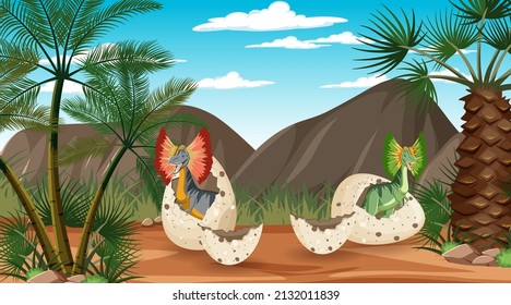 Scene with dinosaurs in the forest illustration