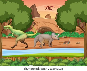 Scene with dinosaurs in the forest illustration