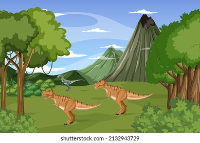 Scene with dinosaurs in forest illustration