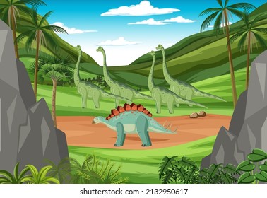 Scene with dinosaurs in the forest illustration