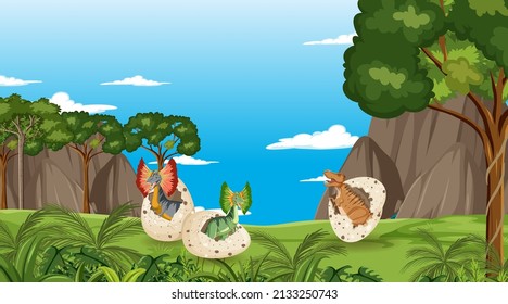 Scene with dinosaurs in the forest illustration