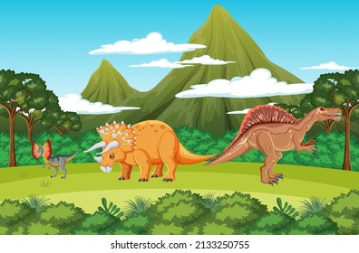 Scene with dinosaurs in the forest illustration