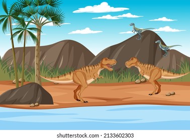Scene with dinosaurs in the forest illustration