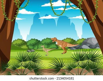 Scene with dinosaurs in the forest illustration